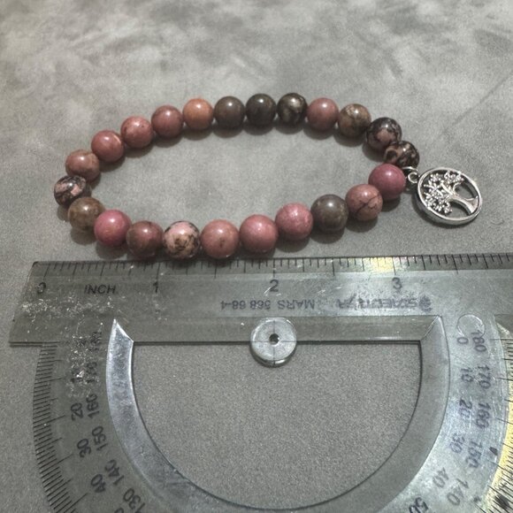 Rhodonite Jasper Beaded Bracelet With Tree Of Life Silver Charm Elastic Stretch - Picture 3 of 3